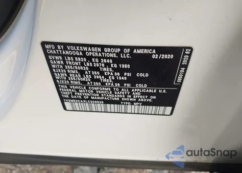 2020 Volkswagen Atlas Cross Sport 3.6L V6 Sel z USA, uszkodzony, nr VIN 1V2ME2CAXLC209525